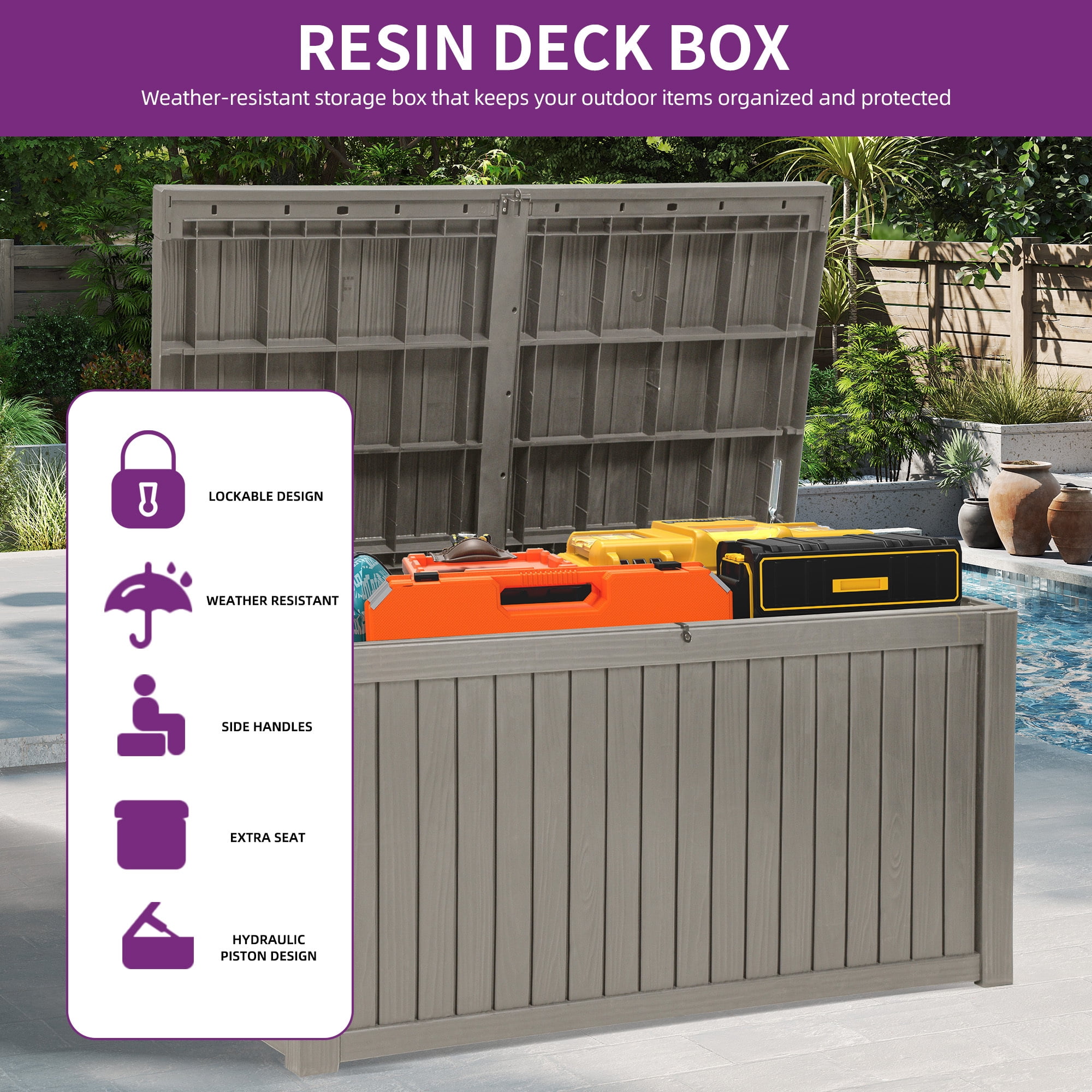 Dextrus 220 Gallon Extra-Large Resin Deck Box, Light Brown Waterproof Storage Container, Lockable Deck Box with Removable Divider for Garden Tools, Pool Accessories & Outdoor Furniture Essentials