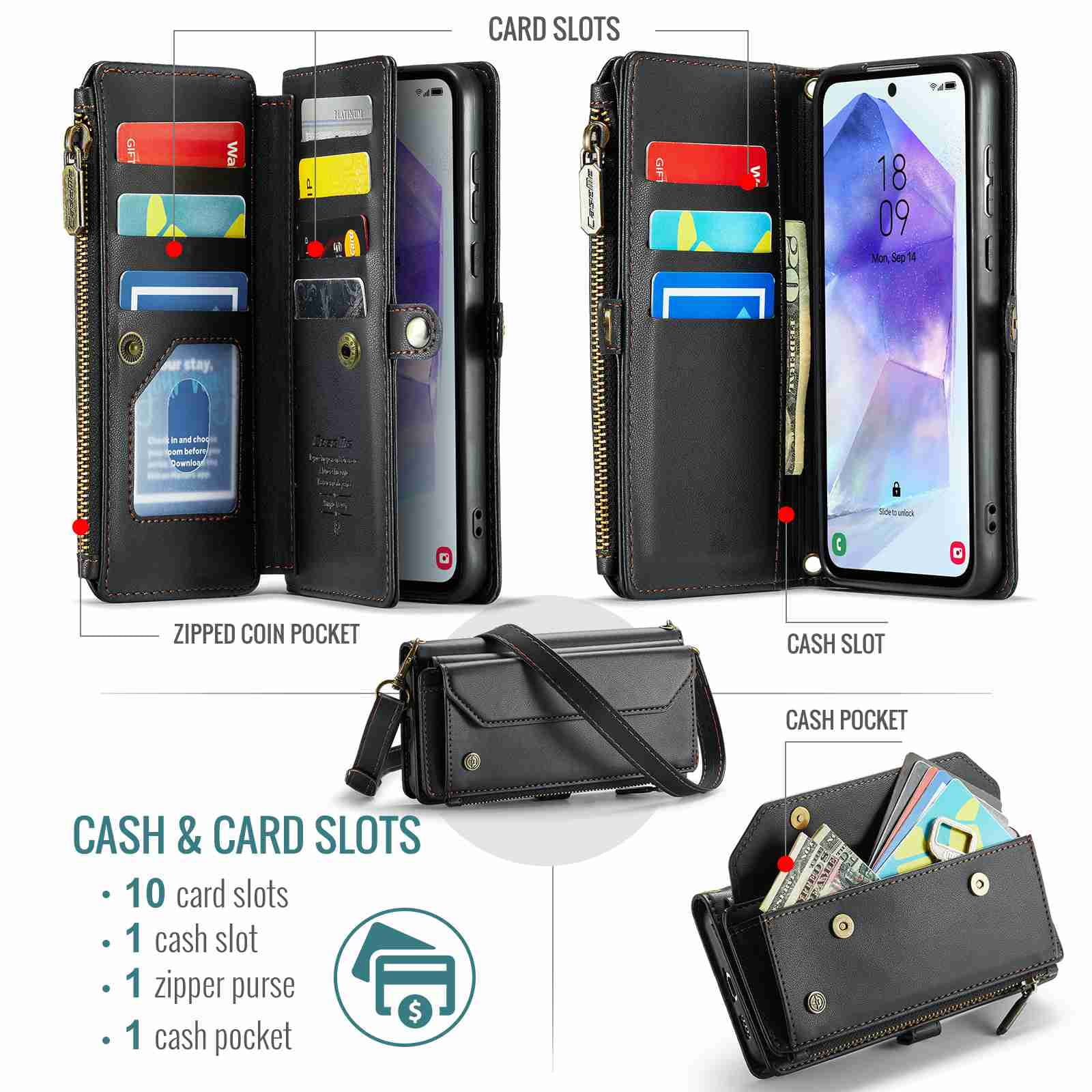 Dteck for Samsung A54 5G Case with RFID Blocking Wallet Case for Women Men, Shockproof PU Leather Magnetic Flip Strap Zipper Card Holder Phone Case,Black