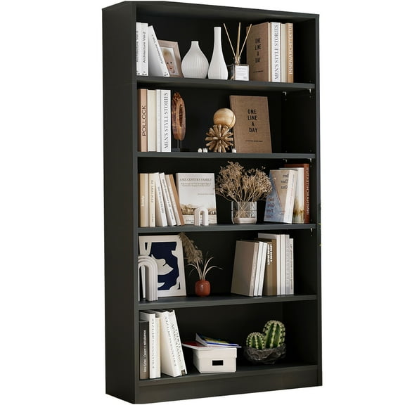 JERFIT 60 Inch 5 Shelf Bookcase, Industrial Wood Bookshelf with Adjustable Shelves, Tall Standing Storage Organizer for Living Room, Bedroom, Office Library, Black