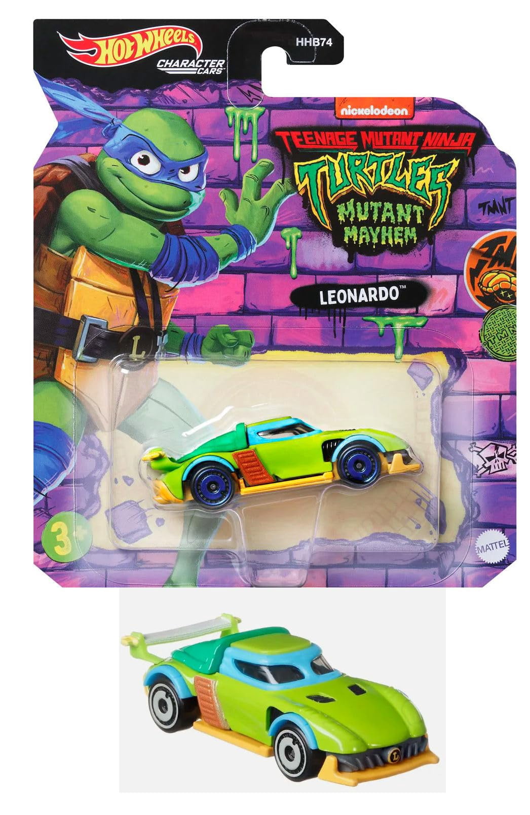 Hot Wheels TMNT Mutant Mayhem Character Cars, Teenage Mutant Ninja Turtles Collectible Set, Leonardo, Raphael, Michelangelo, Donatello, 4 Pack HHB74-956L