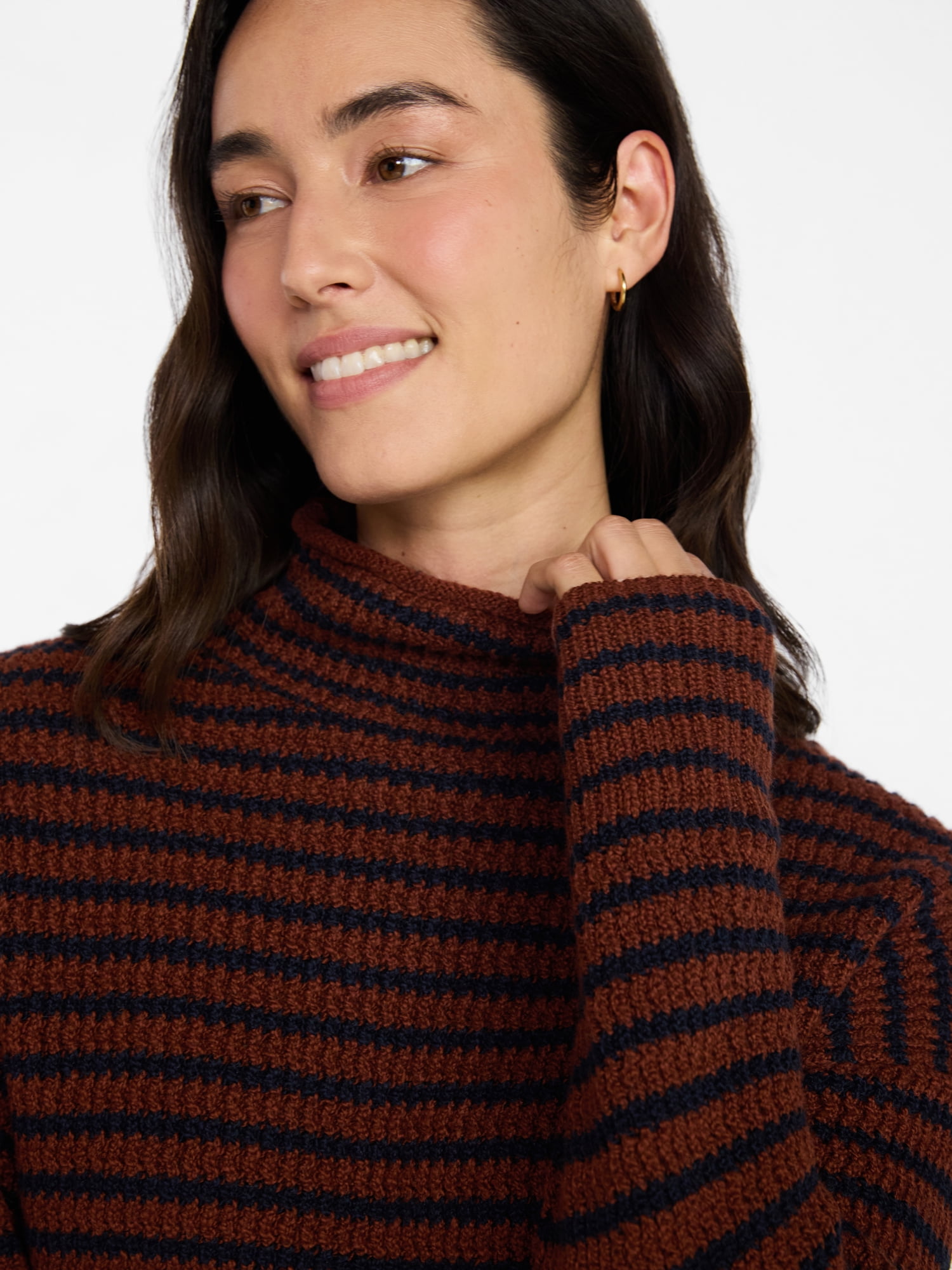 Time and Tru Women's Stripe Funnel Neck Sweater with Long Sleeves, Midweight, Sizes, XS-XXXL