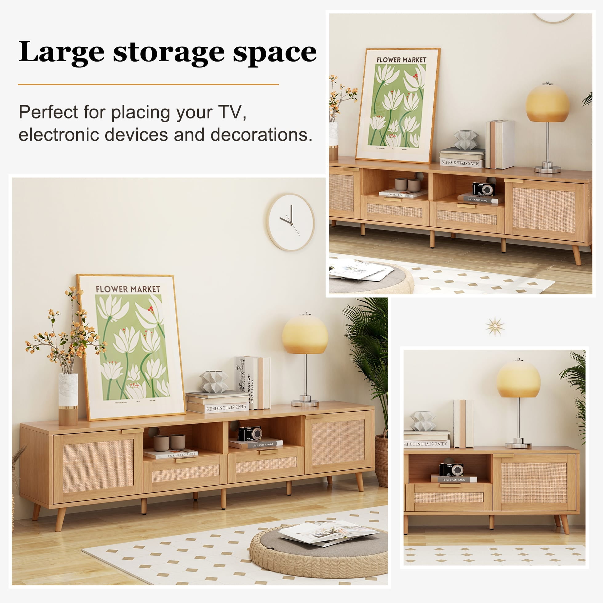 Aukfa Rattan TV Stand for TVs up to 85", Farmhouse Media Console for Living Room Bedroom,Natural
