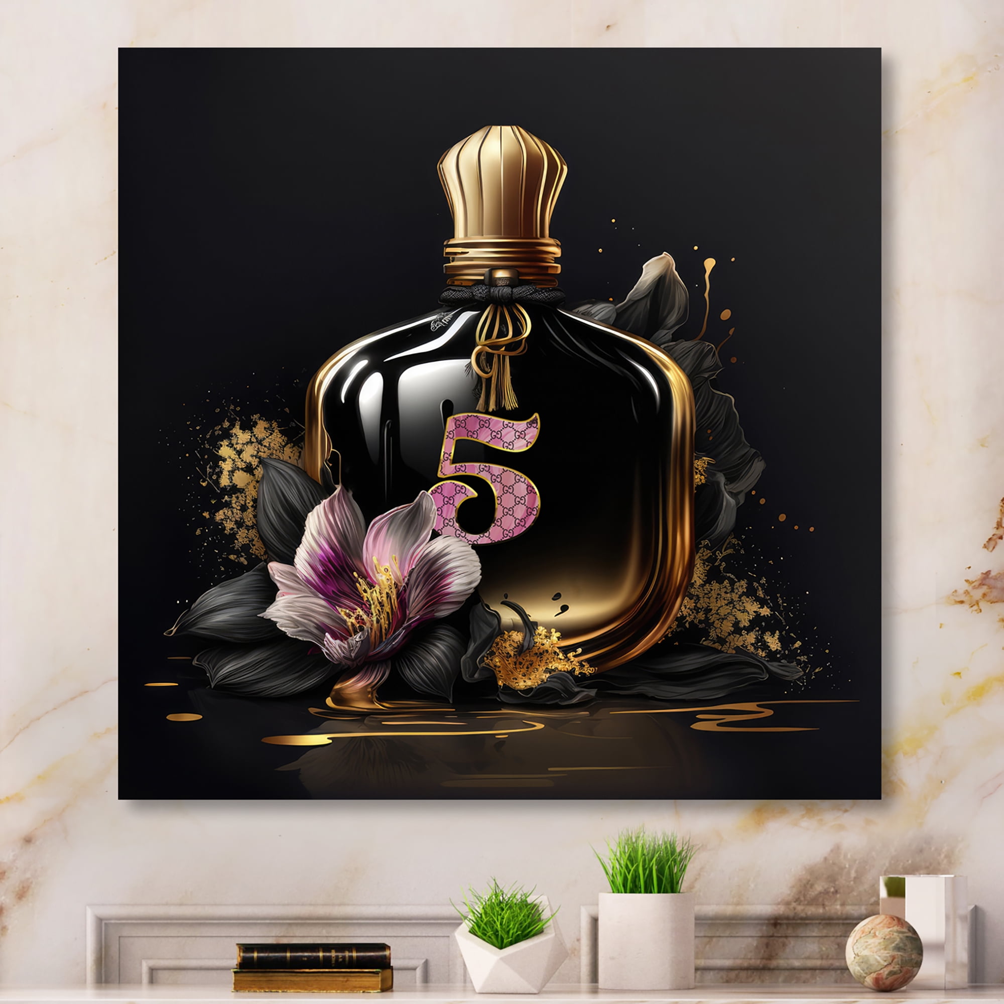 Designart Chic Black And Gold Perfume Bottle VI Canvas Wall Art