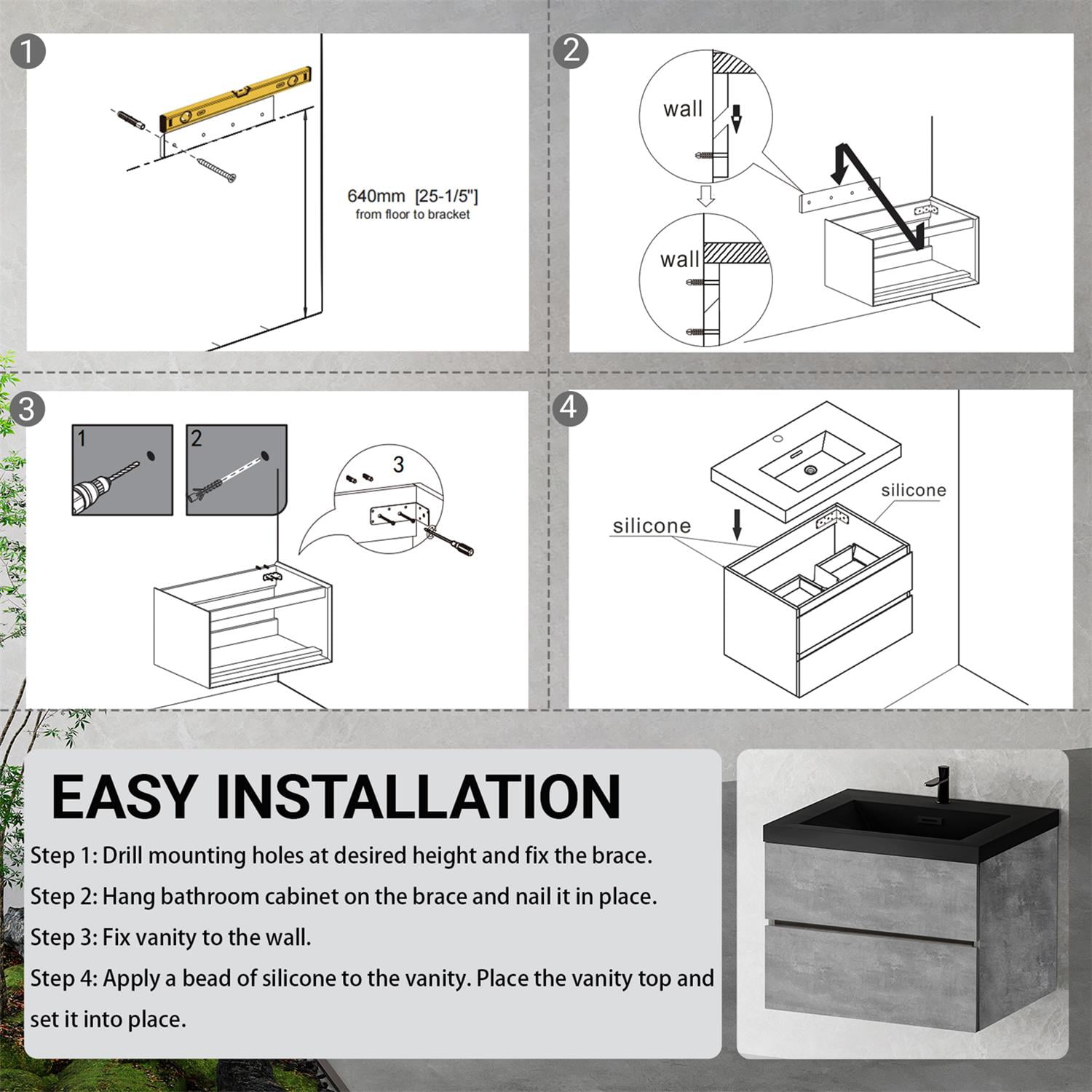 Demi Bonn 29" Floating Bathroom Vanity with Sink, Black Quartz Sand Top Basin and 2 Soft Close Drawers, Faucets and Drains Not Included, Gray