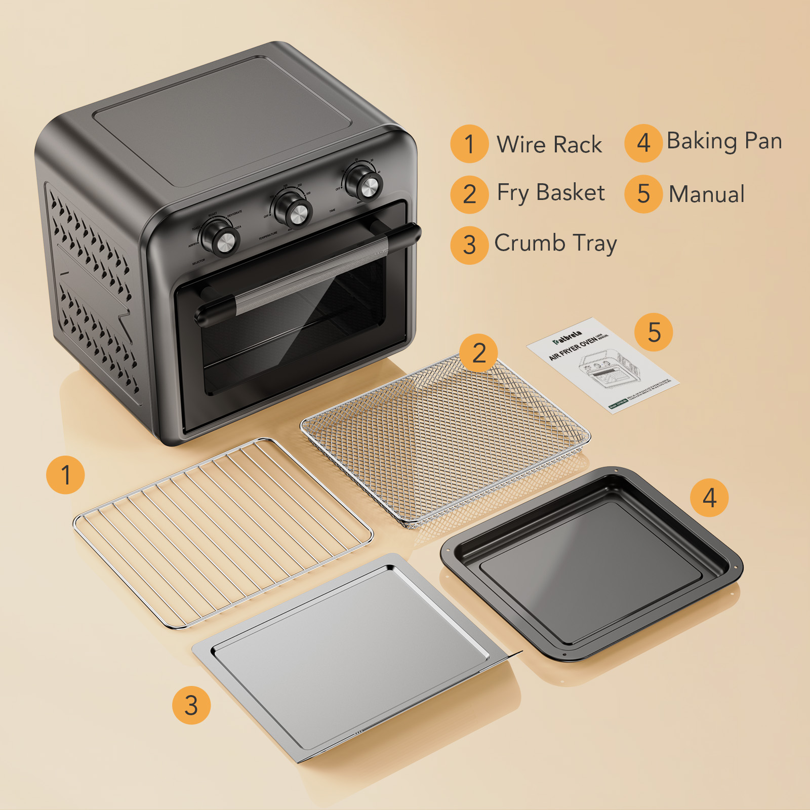 19QT Air Fryer Toaster Oven with Convection, 5-in-1 Countertop Cooker, Visible Window, Oil Free, 1500W, Black