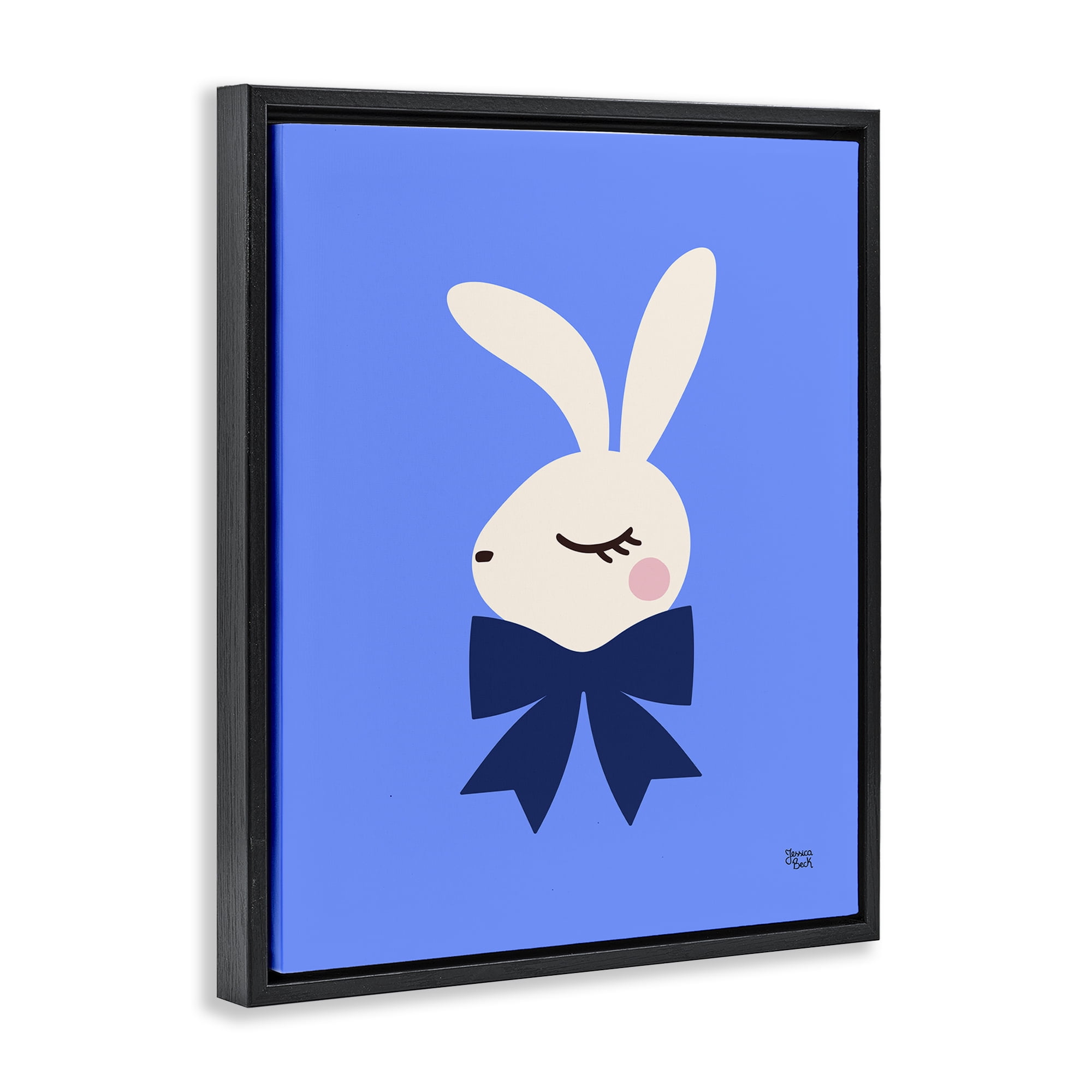 Stupell Industries Rabbit with Ribbon on Blue Animals Painting Black Floater Framed Canvas Art Print Wall Art, 17 x 21