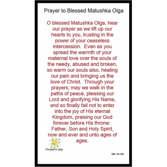 Mother MATUSHKA OLGA OF ALASKA Prayer card  Patron Saint of Midwife