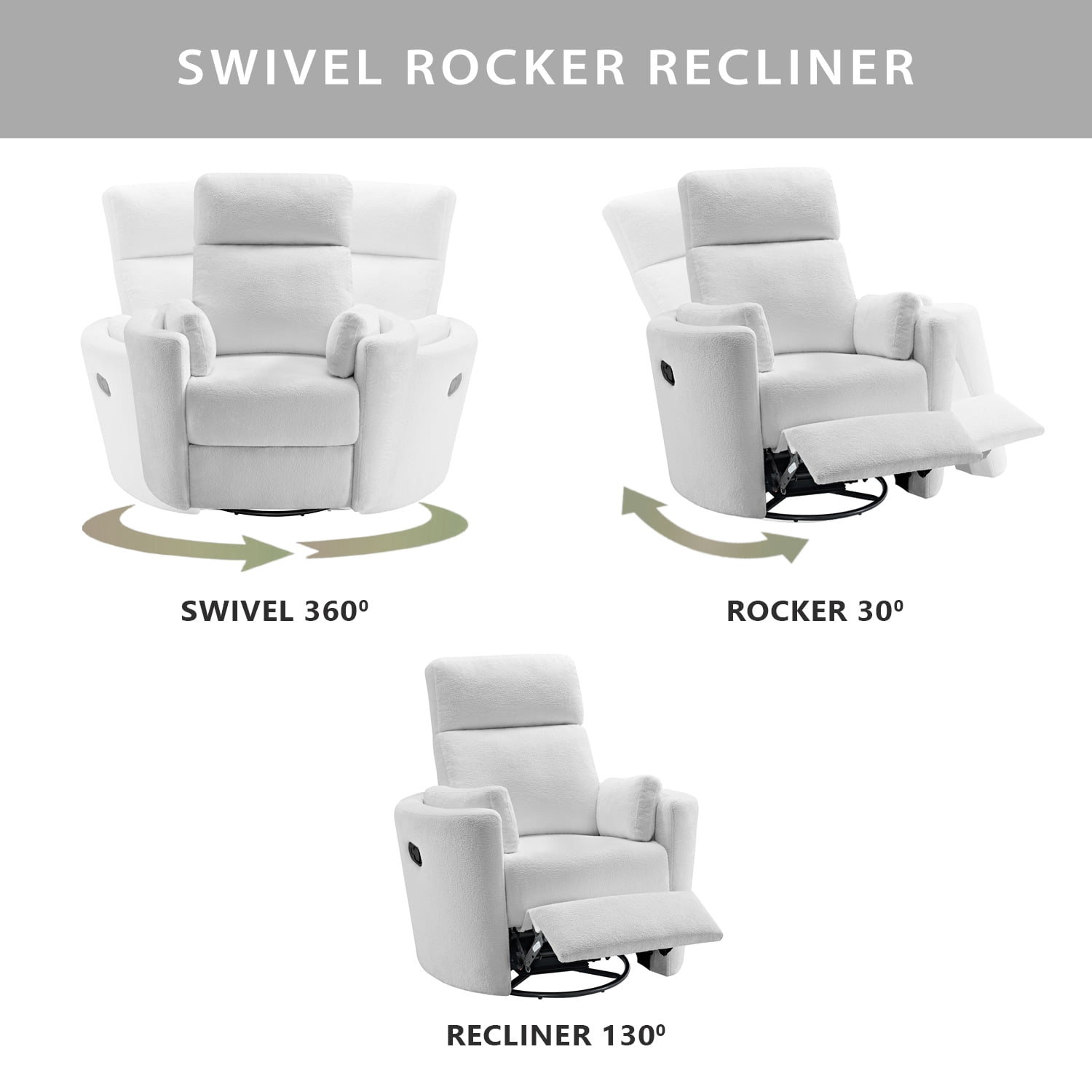 Soho Baby Nottingham Upholstered Glider Recliner Rocking Chair 360° Swivel for Nursery and Living Room – Plush White​