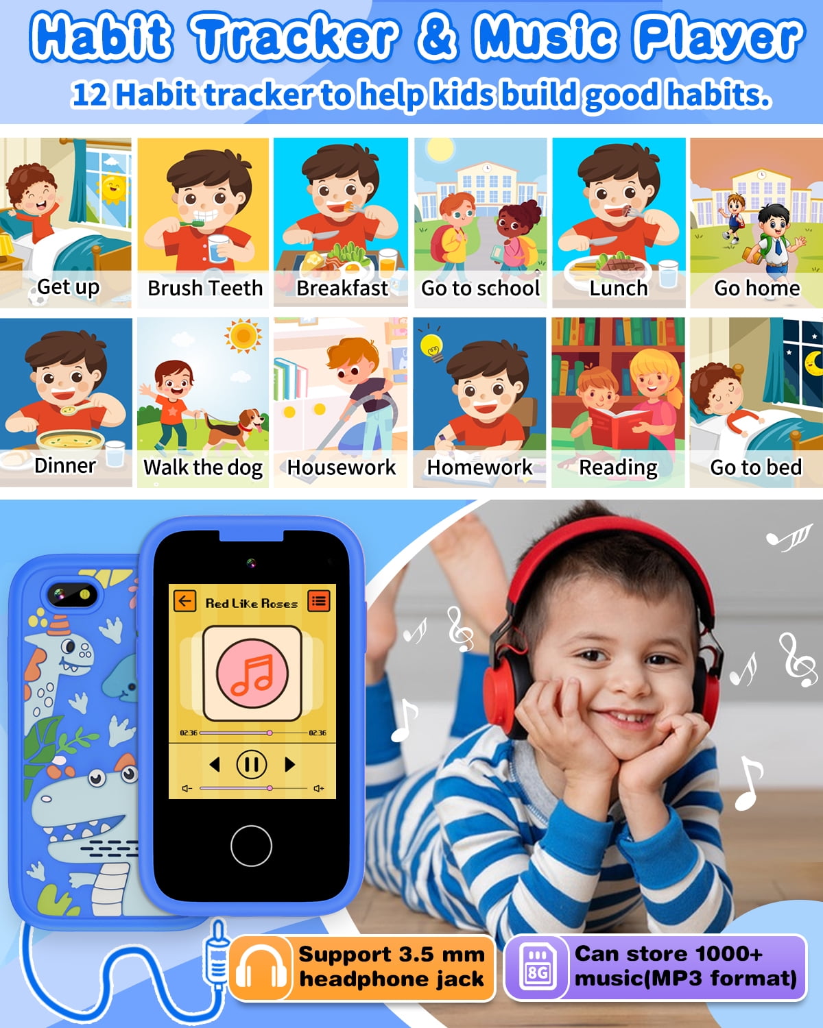 Kids Smart Phone for Boys Touchscreen Kids Phone Unicorn Gifts for Boys Age 6-8 with Dual Camera Music Game Learning Toy Phone Christmas Birthday Gifts for 3 4 5 6 7 8 Year Old Girls with 8G SD Card