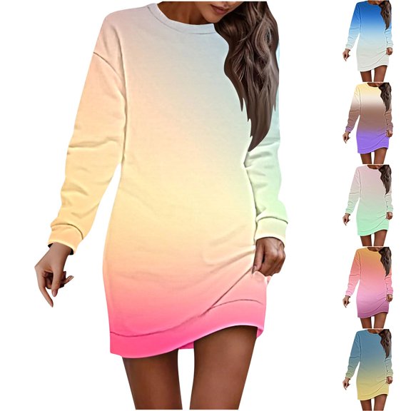 Ovafbau Women Fall Long Sleeve Prited Midi Dress Women's Print Crewneck Long Sleeve Dress Fall Dresses