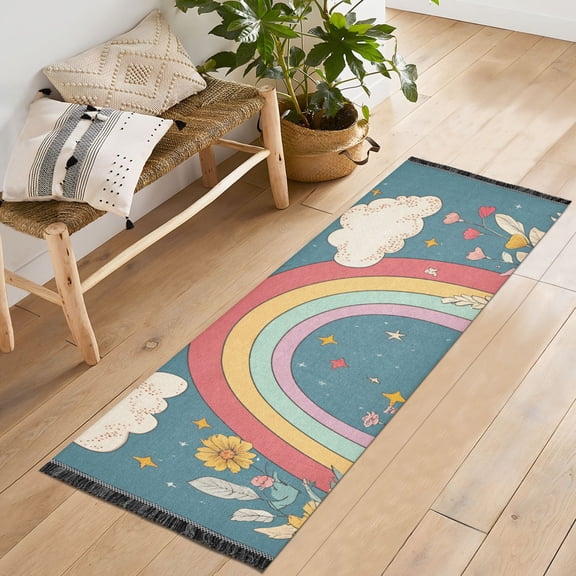 Yayeee Runner Rug for Bedroom 2'x6' Machine Washable Hallway Non Slip Mat, Blue Rainbow