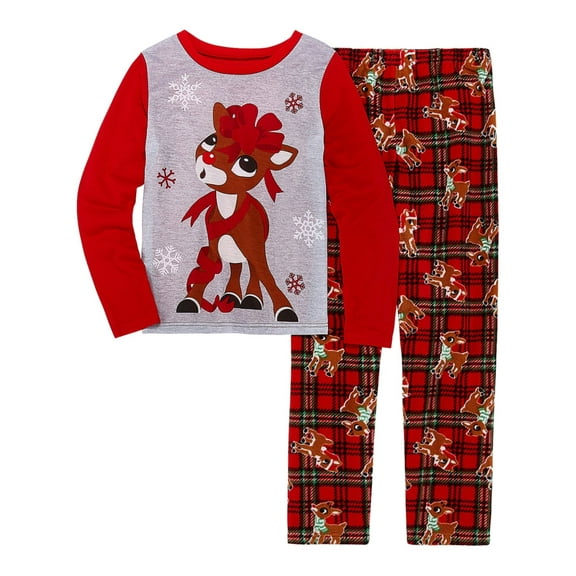 Toddler Girls Red Plaid Rudolph Red Nosed Reindeer Christmas Pajama Set 3T