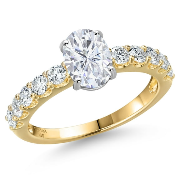 Gem Stone King 14K Two Tone Gold White Moissanite and Lab Grown Diamond Engagement Ring for Women | 2.15 Cttw | Oval 8X6MM | Gemstone Birthstone | Size 9