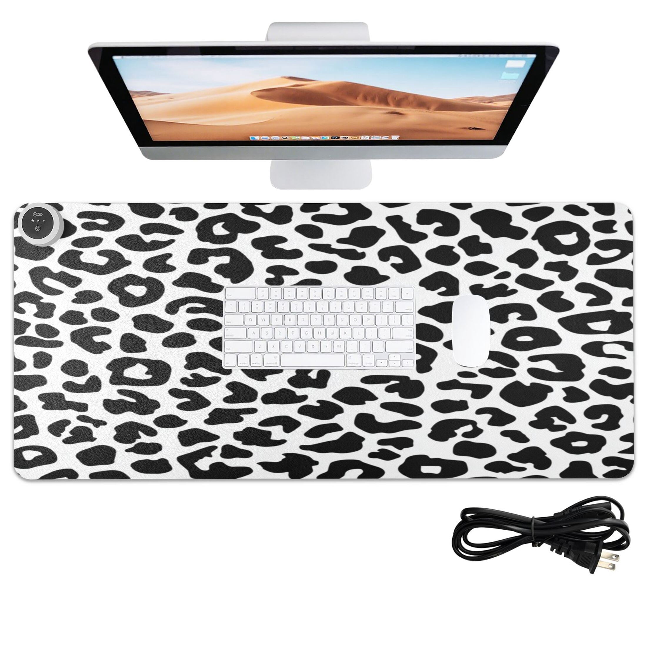 Large Heated Desk Mat Mouse Pad 31.5"x13"PU Leather Graphene Heating Desk Warmer with 3 Temperature Settings 110V US Plug Non-Slip Warm Pad for Home, Office, and Gaming Minimalist Black Leopard Print