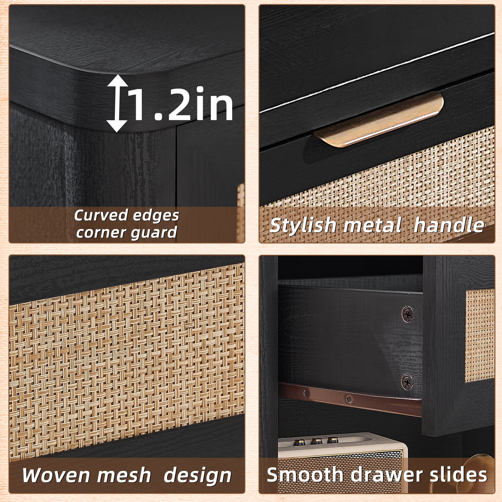 LELELINKY Rattan Nightstand with Charging Station, 23" Wide Boho Bedside Table with Drawer and Shelf for Bedroom, Living Room, Black