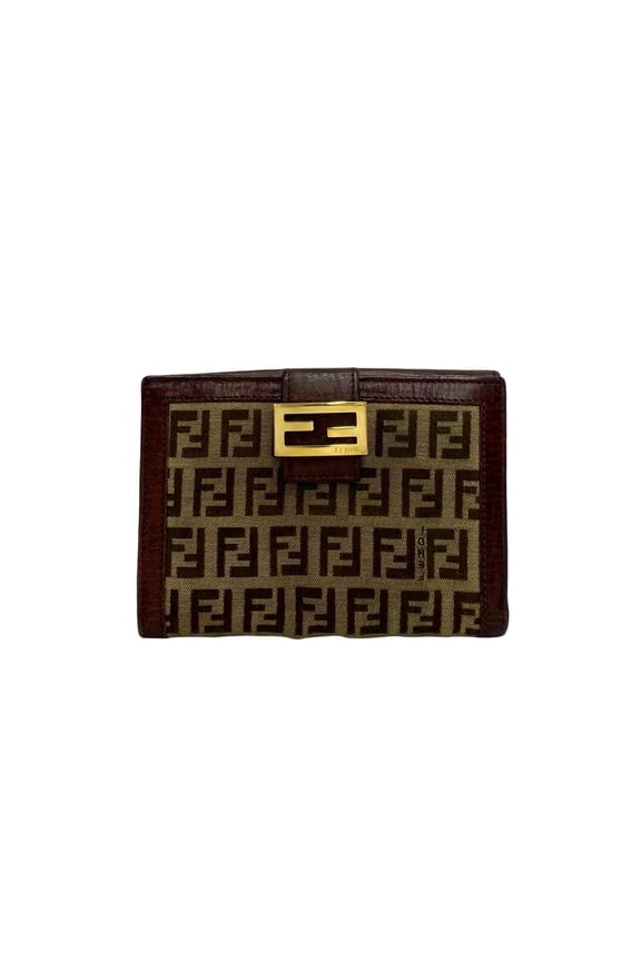 Pre-Owned FENDI Zucchino FF pattern logo hardware canvas leather genuine bi-fold wallet brown...