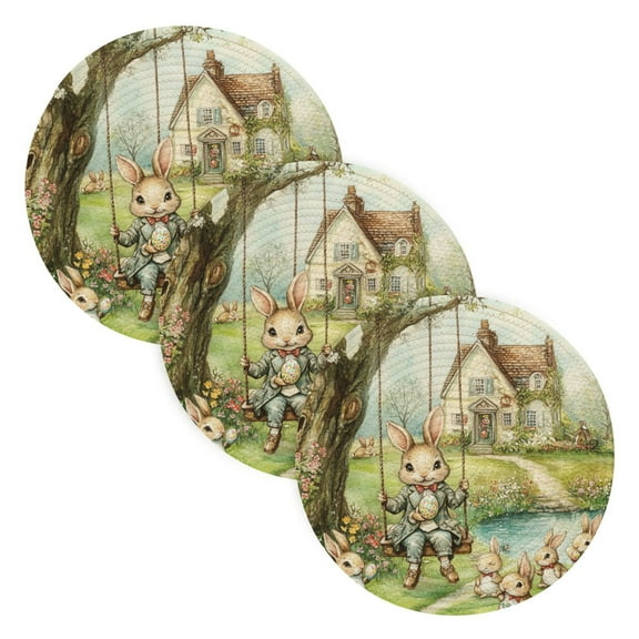 BZSMCE Mats for Pots,Pans Place Whimsical Happy Rabbits Simple Style Pattern Pot Mats