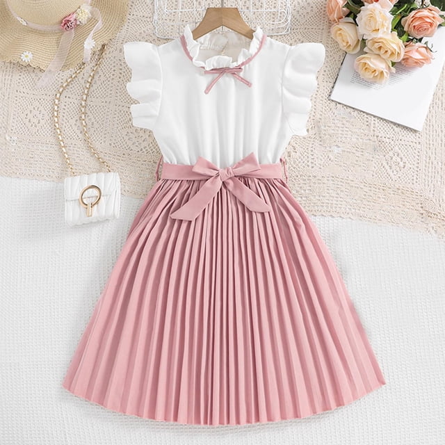Geire Robes d'Été Mode pour Filles Manches à Volants Col Rond Nœud Papillon Robe Trapèze avec Ceinture Confort Robes Polyvalentes