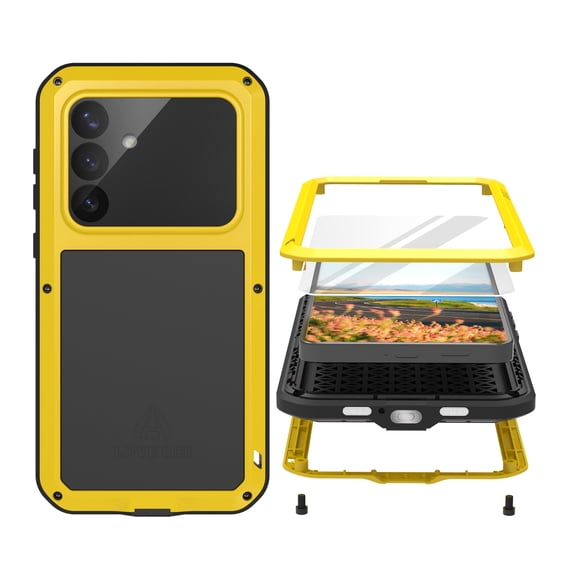 for Samsung Galaxy S26 Metal Silicone Case, Heavy Duty Shockproof Rugged Case with Built-in Glass Screen Protector, 360 Full Body Protective Tough Cover for Samsung Galaxy S26, Yellow