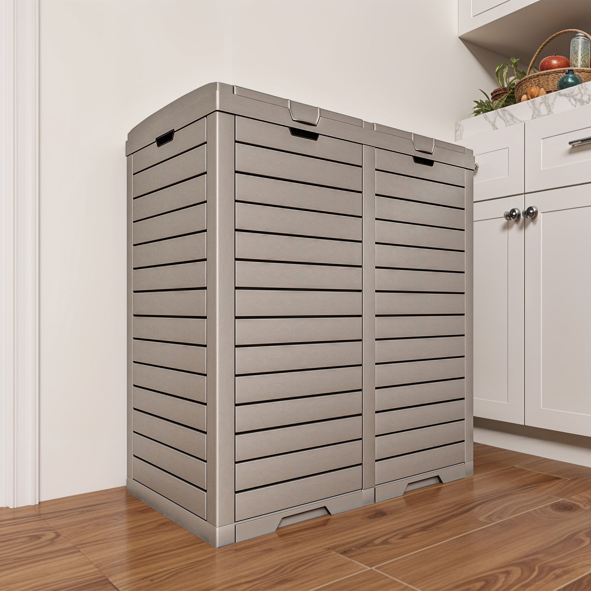 Uforic 62 Gallon Large Outdoor Dual Compartment Trash Bin, Waterproof Resin Garbage Can with Lid & Drip Tray, Hidden Waste Container, for Porch, Backyard, Light Brown