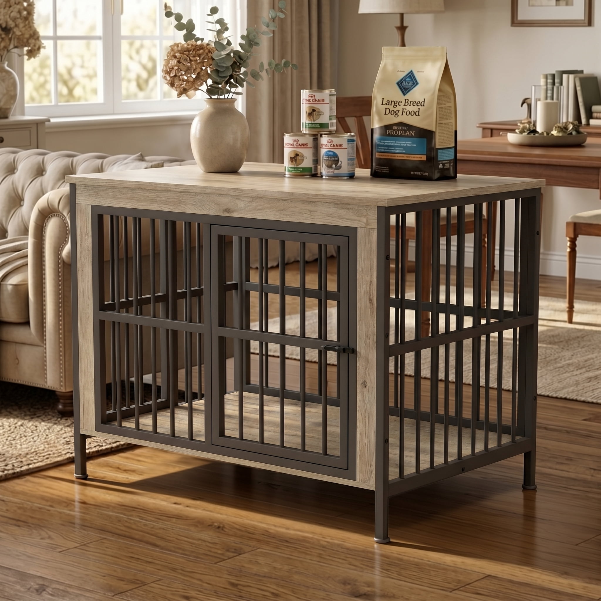 TIME RAY 44 Inch Dog Crate Furniture for Large Dog,Wood Dog Kennel Furniture Indoor with Removable Divider,Dog Cage Furniture as TV Stand,White