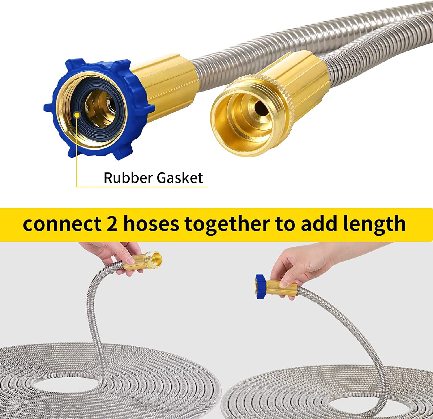 304 Stainless Steel Garden Hose with Brass Nozzle,  Function Spray Gun, Kink  Water Hose 25FT