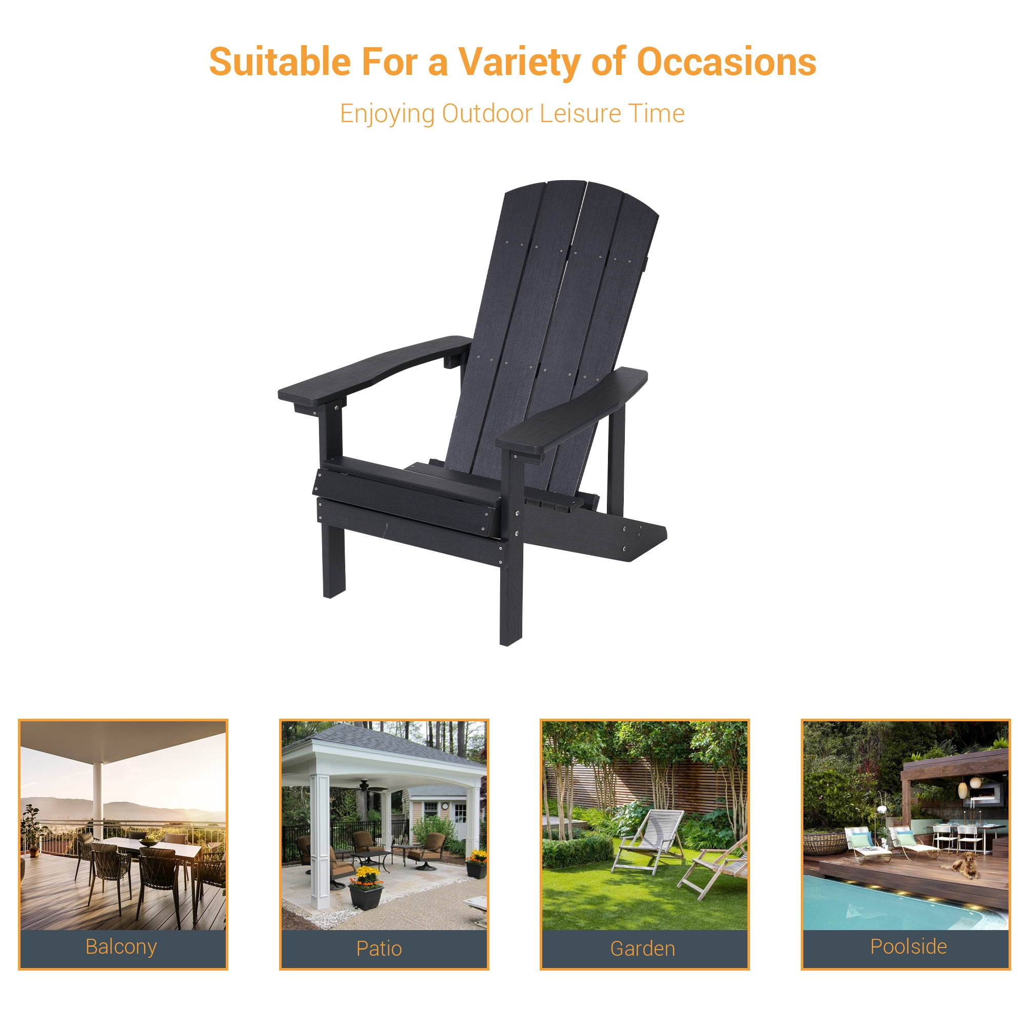 ACEGOSES Patio Adirondack Chair Outdoor Plastic Single Chair 300 Lbs for Deck and Balcony Multi-Use Like Real Wood, Black