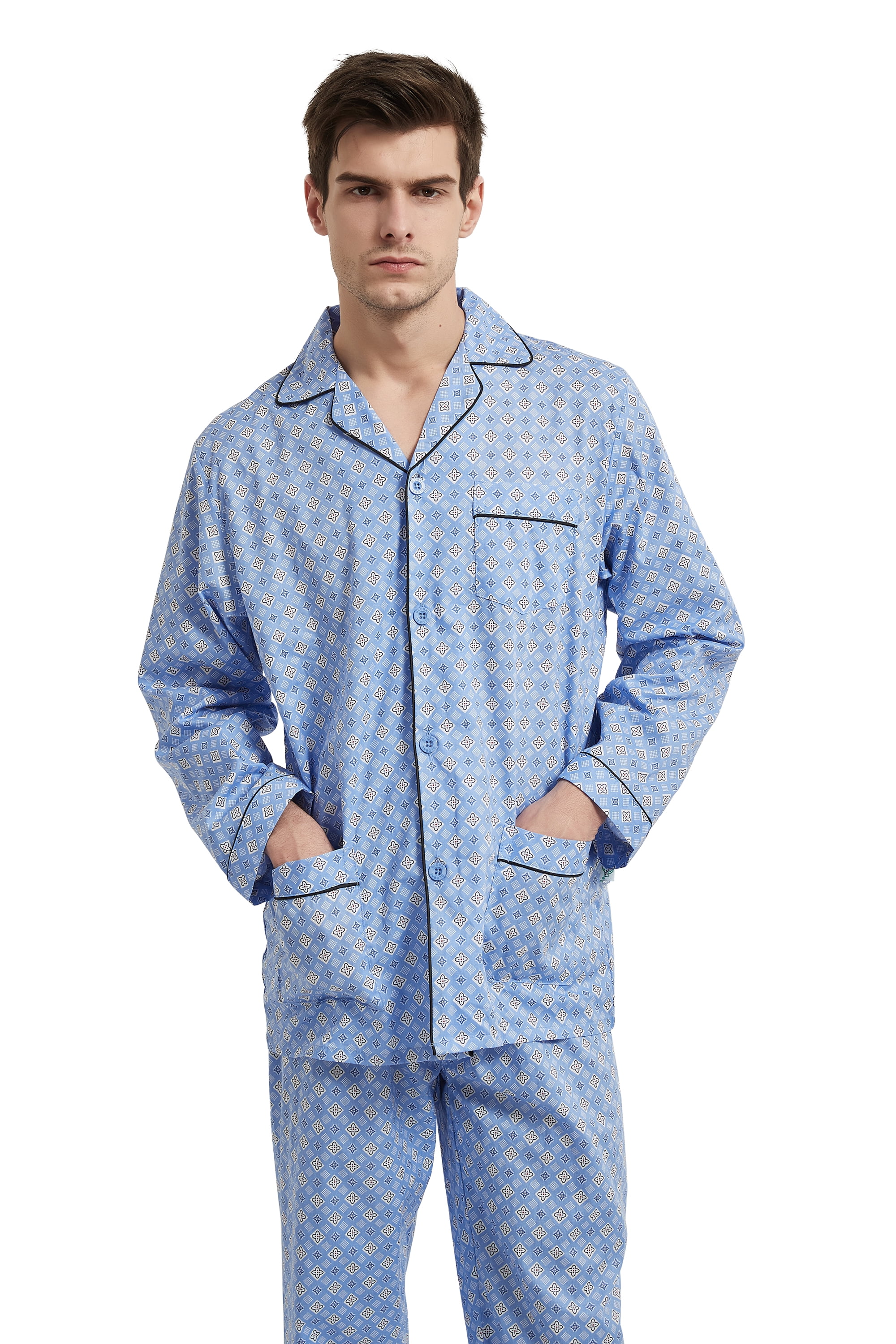 GLOBAL Men's Cotton Notch Collar Pajama Set with Pockets, 2-Piece ...