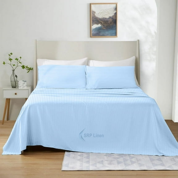 1200 Thread Count 4 Piece Quality Sheet Set 12 Inch Deep Pocket 100% Egyptian Cotton Color Light Blue Stripe Size California King
