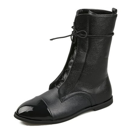 

Womens Flat Heel Mid Calf Boots Pointed Toe Faux Leather Fashion Lace Up Riding Booties Women s Shoes Retro Solid Color Low Heel Laceing Fashion Short Boots Ankle Bootie
