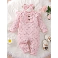 thumbnail image 2 of Newborn Girl Romper Outfits Long Sleeve Floral Printed Ruffles Decor O-Neck Overalls + Bow-Knot Headband Set, 2 of 9