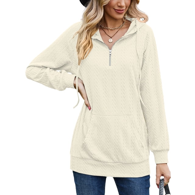 UKAP Sudadera con capucha para mujer, jersey con cremallera de un cuarto, manga larga, cuello redondo, sudadera, camisetas sueltas de punto liso con bolsillos
