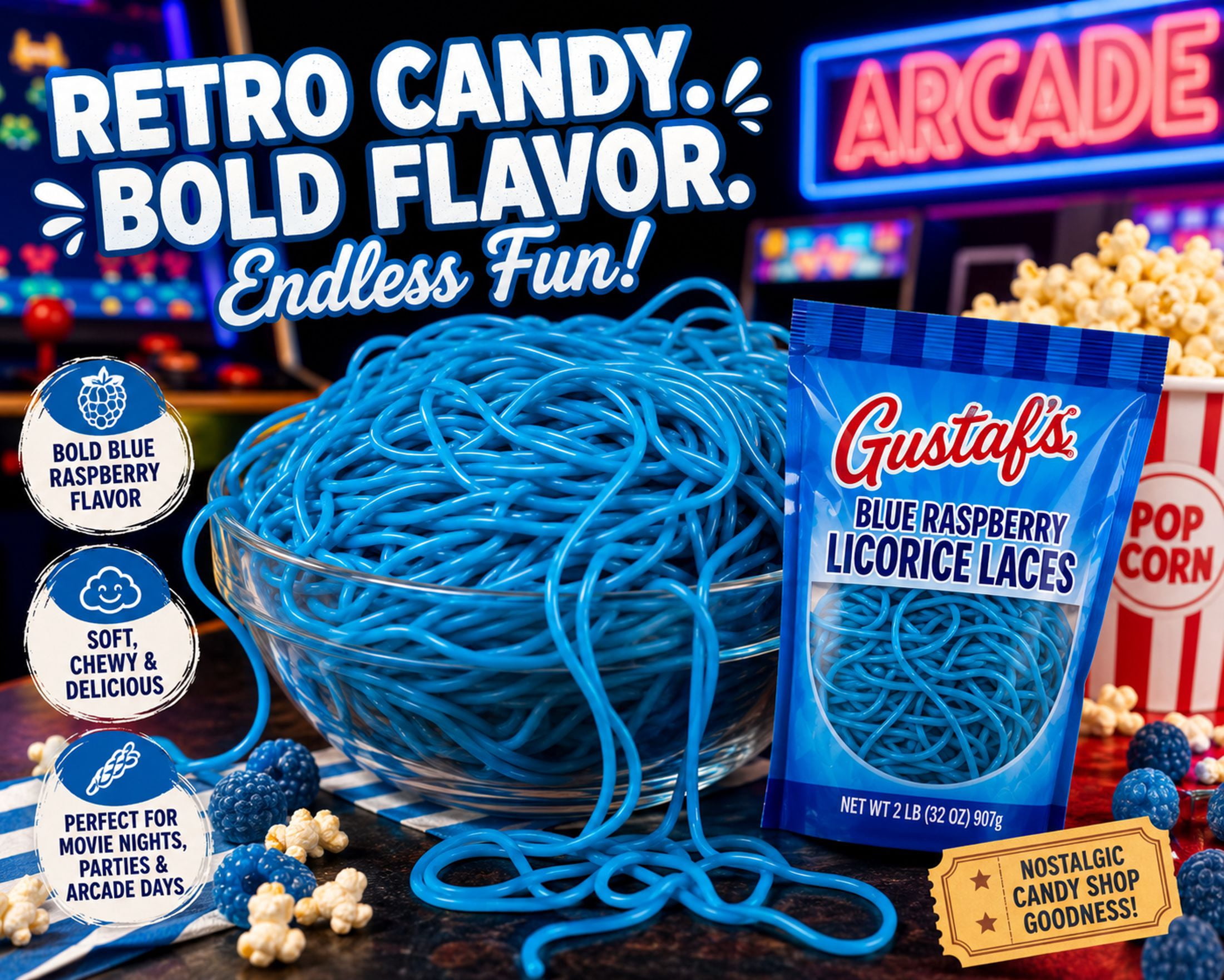 Gustaf's Blue Raspberry Licorice Laces - 2 LB Bag
