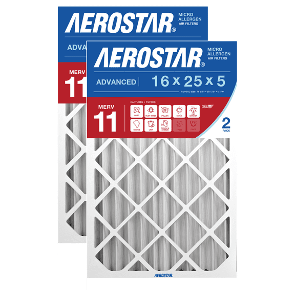 Aerostar 16x25x5 MERV 11 AC Furnace Air Filter, Pleated HVAC Filter, MPR 1000 FPR 7, Allergen Defense, 2-Pack, Made in USA