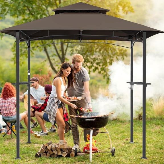 SOLAURA 8' X 5' Grill Gazebo,  Outdoor BBQ Gazebo Canopy with 2 Side Shelves and Double-Tiered Top for Patio, Garden, Backyard (Brown)