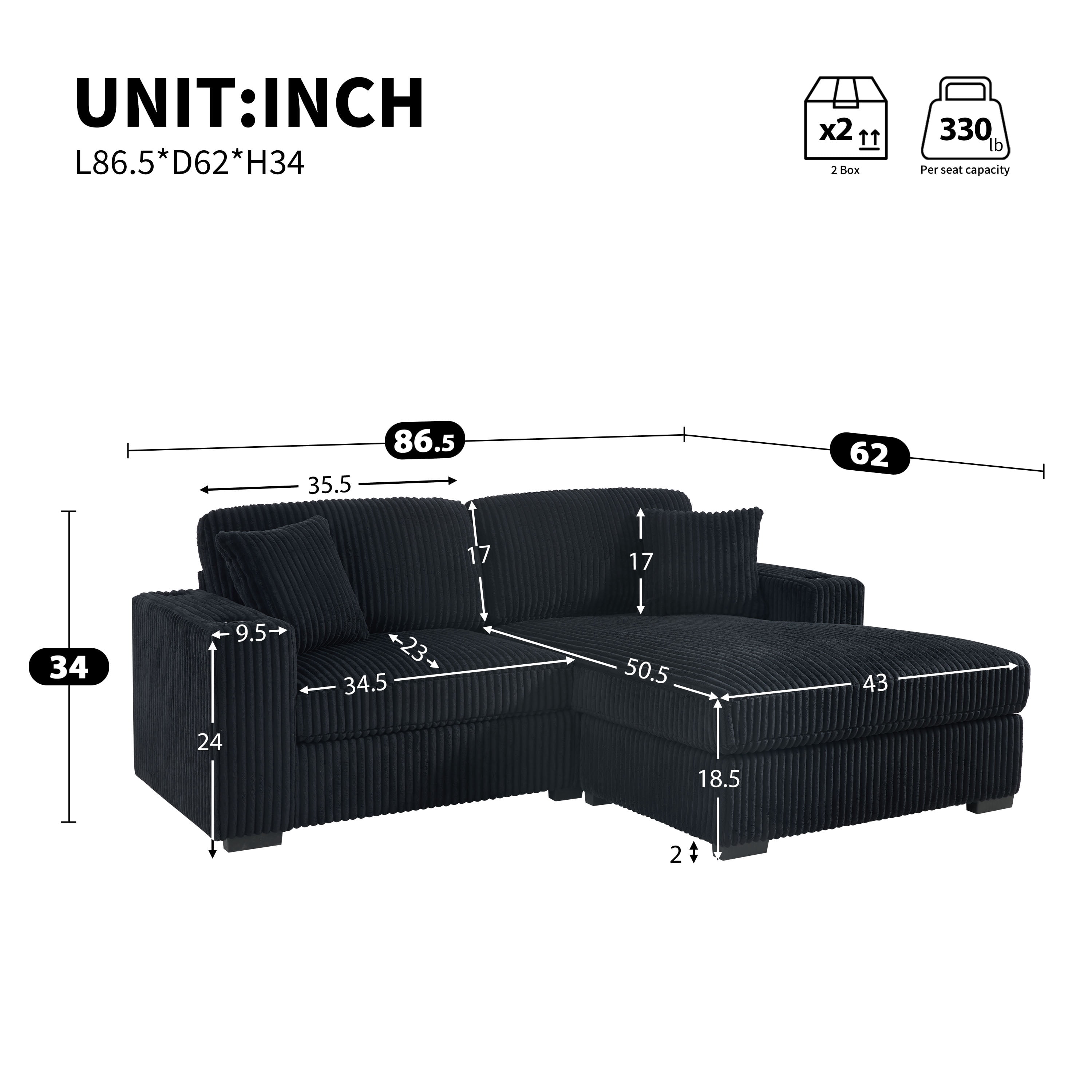 GARITIN L Shaped Sectional Sofa 86.5 Inch, Corduroy Upholstered Couch with Cup Holders and Charging Ports for Living Room, Black