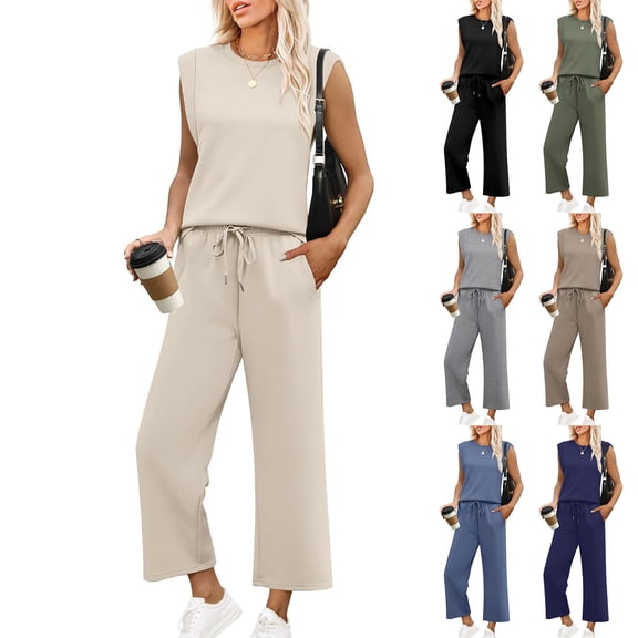 VBVC Women's 2 Piece Drawstring Tracksuit Set,Crew Neck Tank Top and Wide Leg Pants For Women, Ladies' Soft Lightweight Summer Loungewear with Pockets,Army Green,S-5XL