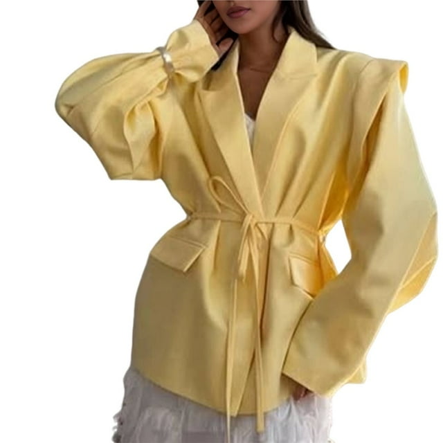 Chaqueta de Traje de Mujer de Larga con Solapa, Estilo -Otoño, con Cinturón en la Cintura y Hombreras. Amarillo M