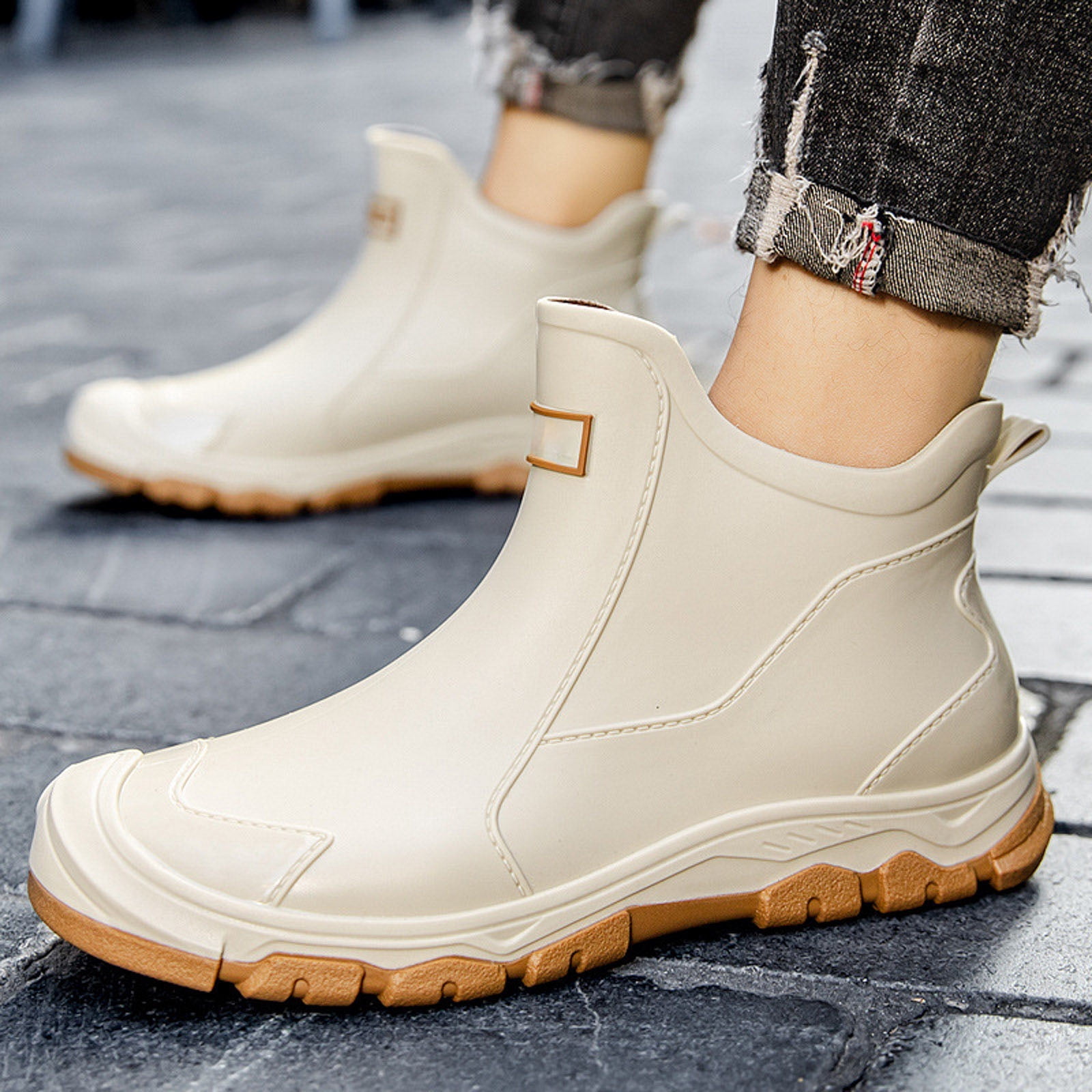 Stylago Ankle Rain Boots for Women Water Proof Garden Boot Wide Mouth Outdoor Comfortable Slip on Rubber Shoes for Rainy White Size 6