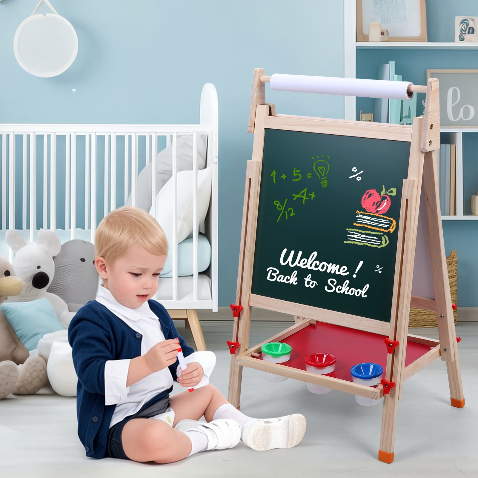 Kids Easel, Toddlers Art Easel, Wooden Kid Easel with Paper Roll, Height Adjustable Magnetic Double Sided Easel, Kids Dry Erase Board-1 Set