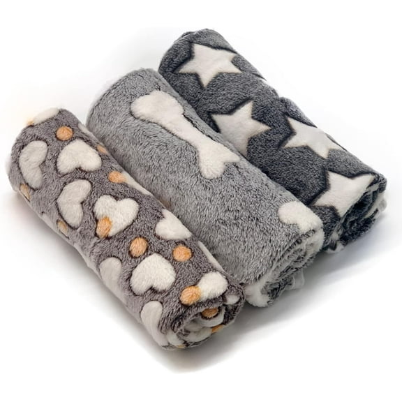 Small Super Soft Flannel Blanket 3 Pack for Puppies & Cats, Grey Hearts, Bones & Stars