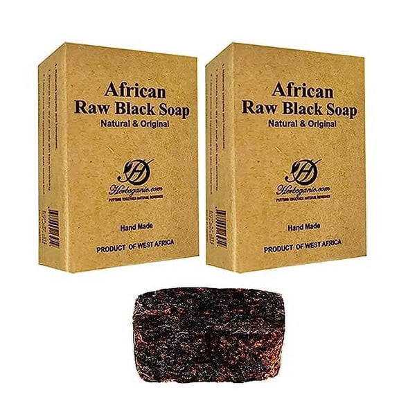 Herboganic Raw African Black Soap Bar – Natural Exfoliating Cleansing Bar for Face and Body – With Benefits of Moisturizing Shea Butter - Handmade and Authentic – ( Pack of 2 | 6 Oz. Each)