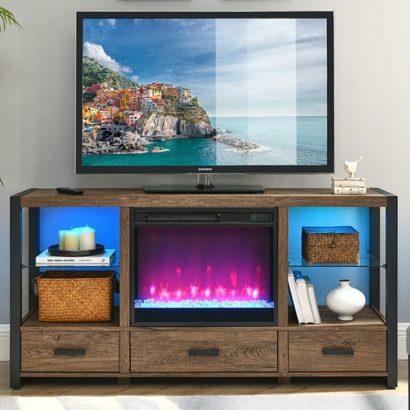 TV Stand with 23" Fireplace for 70 Inch TV, 60" Brown Electric Fireplace TV Console with 8 Flame Colors and 8 Side Light Colors, Modern Living Room Bedroom TV Stand Storage Cabinet