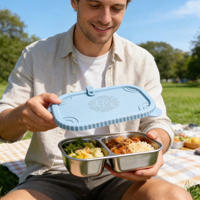 Dvkptbk stainless steel lunch box Compartment Lunch Box Shockproof Snack Box Stainless Steel Silicone Bento Box with Lid