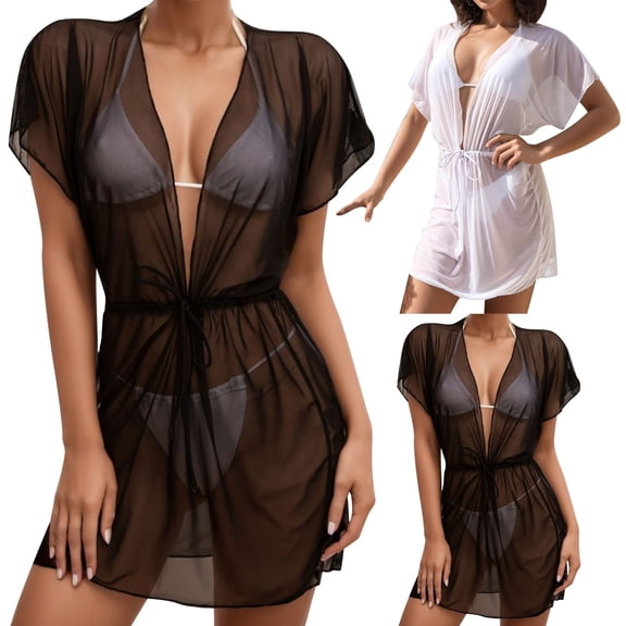 zaveiop Women's Sheer Mesh Swimsuit Cover up Dress Sexy Beach Dress V-Neck Short Sleeves Summer Coverups for Pool/Party (White, XL)