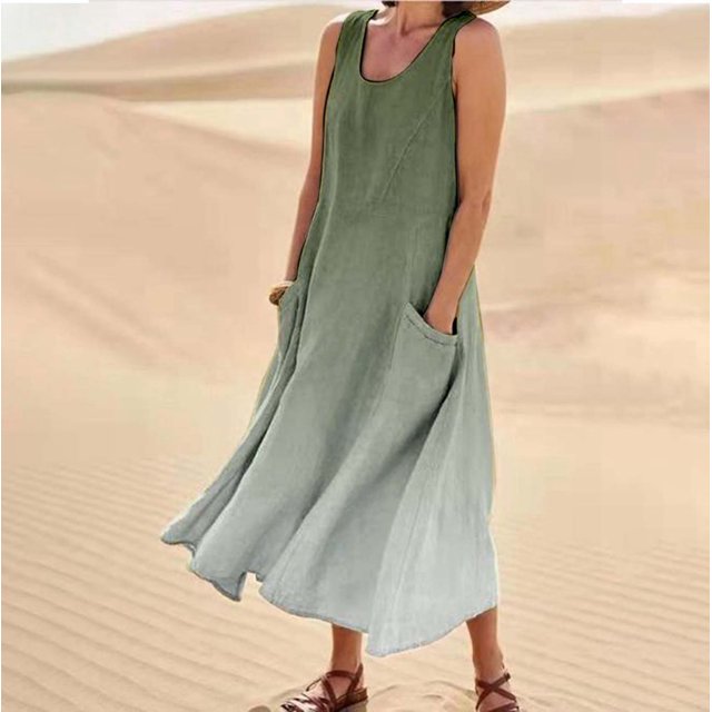 WILLBEST Vestidos Casuales para Mujer Fiesta Vestido Largo Informal sin Mangas de Lino Degradado con Bolsillos y Cuello Redondo Chica