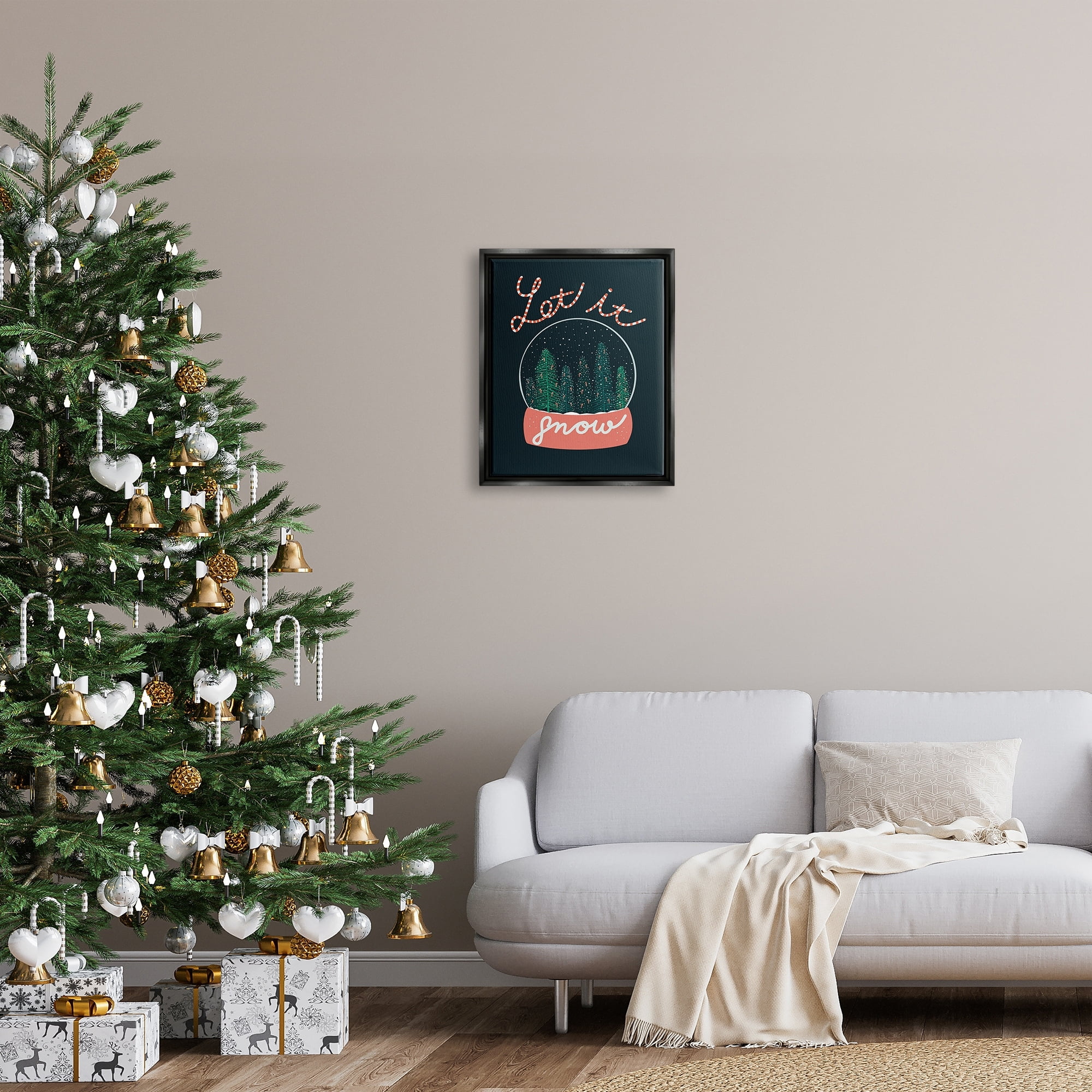 Stupell Industries Let It Snow Seasonal Winter Globe Candy Cane Text Graphic Art Jet Black Floating Framed Canvas Print Wall Art, Design by Dominika Godette