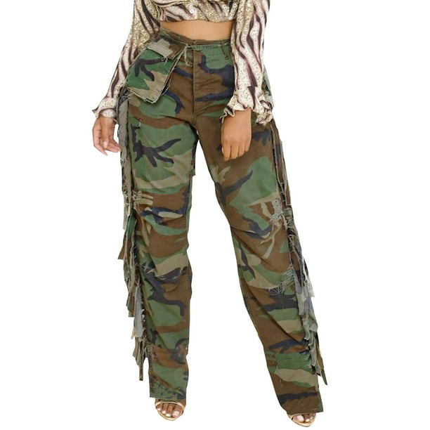 Pantalones Prolriy para mujer, pantalones cargo con borlas para mujer, pantalones ajustados de cintura alta, pantalones deportivos de camuflaje con bolsillo, pantalones de camuflaje para mujer M