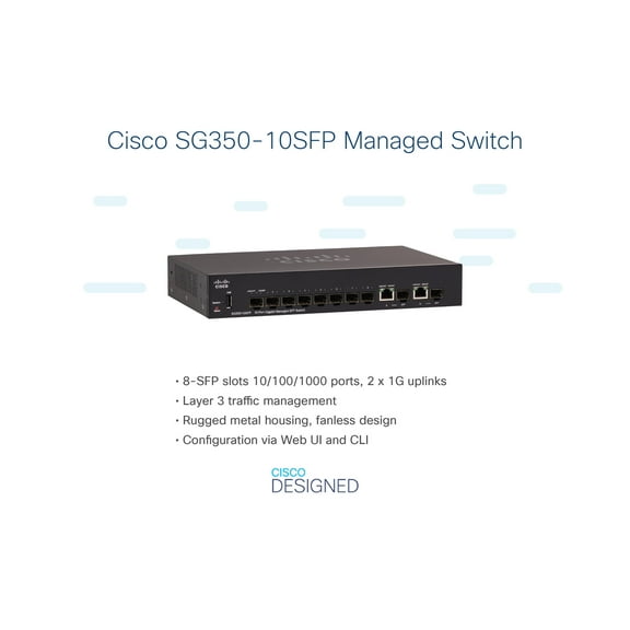 Cisco SG350-10SFP 10-Port Gigabit Managed SFP Switch - 10 x Gigabit Ethernet Expansion Slot - Manageable - Optical Fiber - Modular - 3 Layer Supported - Rack-mountable, Desktop - Lifetime Limited Warr