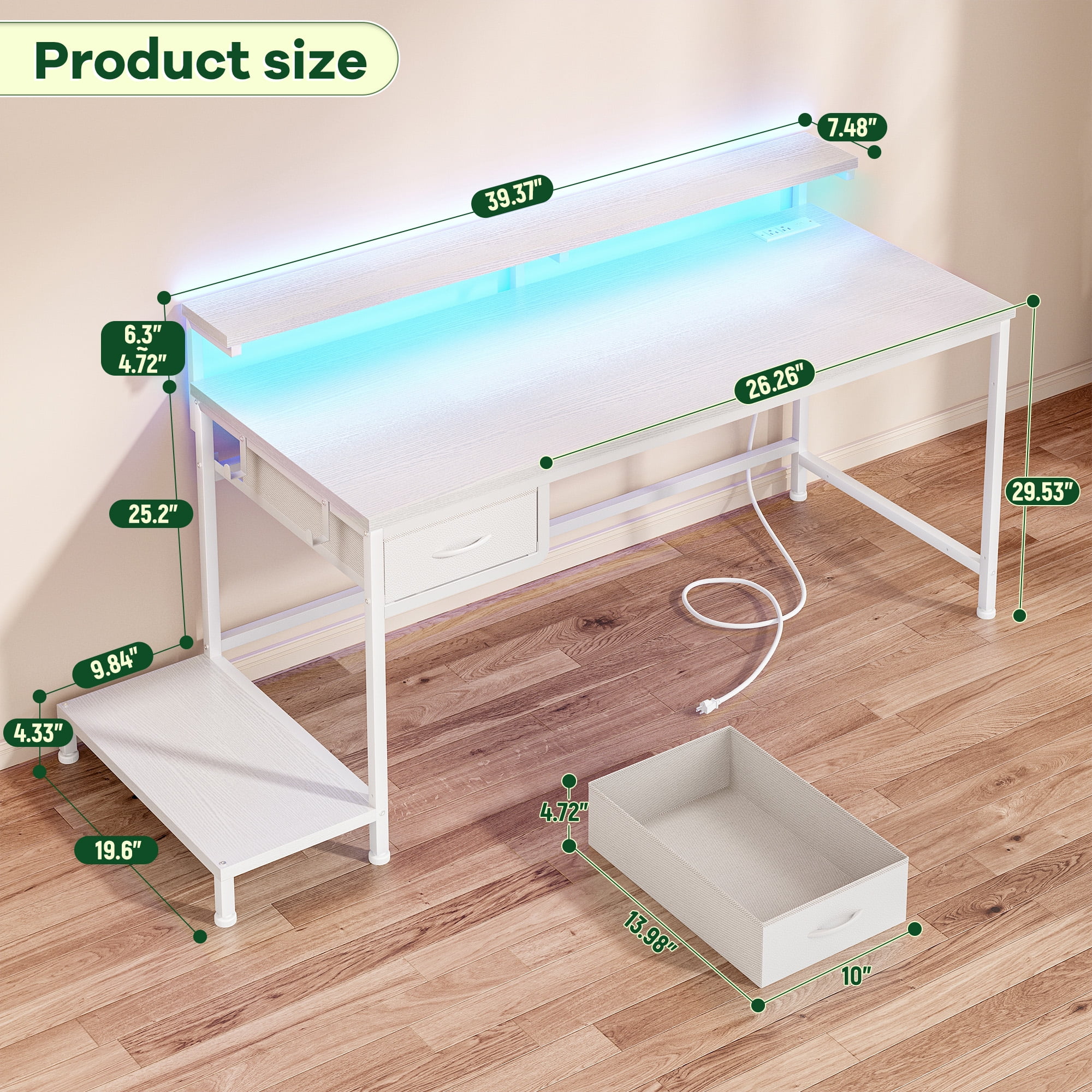 Romorgniz White Computer Desk with Power Outlet & Fabric Drawer, Home Office Desk with LED Lights, Adjustable Monitor Stand & CPU Holder for Small Spaces